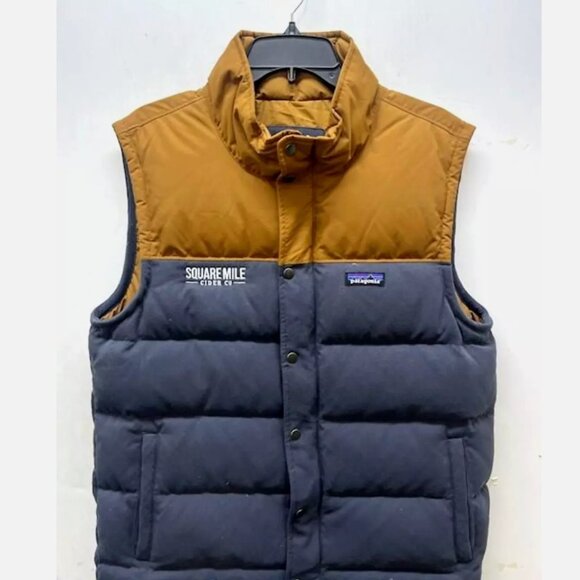 Patagonia Bivy Puffer Vest Duck Down Blue Tan Custom Logo Full Zip Men Size M